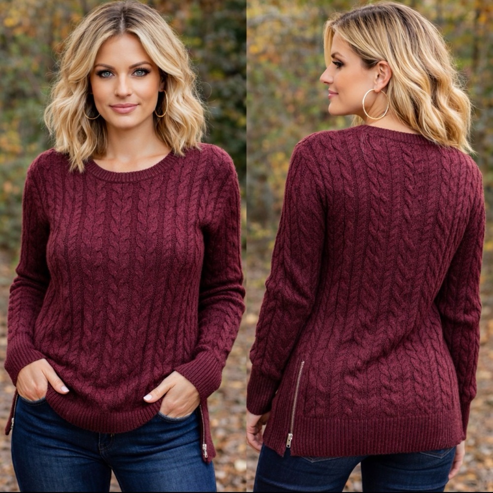 American Eagle Burgundy Cable Knit Sweater Medium Side Zip Soft Cotton Blend